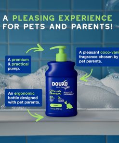 A bottle of DOUXO SPA Puppy Shampoo, with a text banner above reading A pleasing experience for pets and parents!