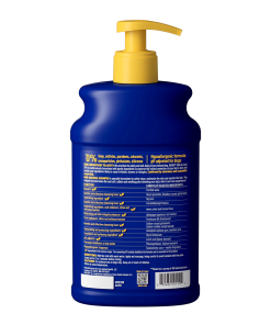 The back of a 16 fl oz bottle of DOUXO Oatmeal Shampoo for dogs, featuring a dark blue bottle with a yellow pump dispenser and yellow label accents.