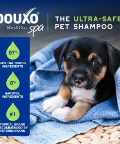 A puppy in a towel, with text above reading DOUXO Skin and Coat SPA, the ultra-safe pet shampoo.